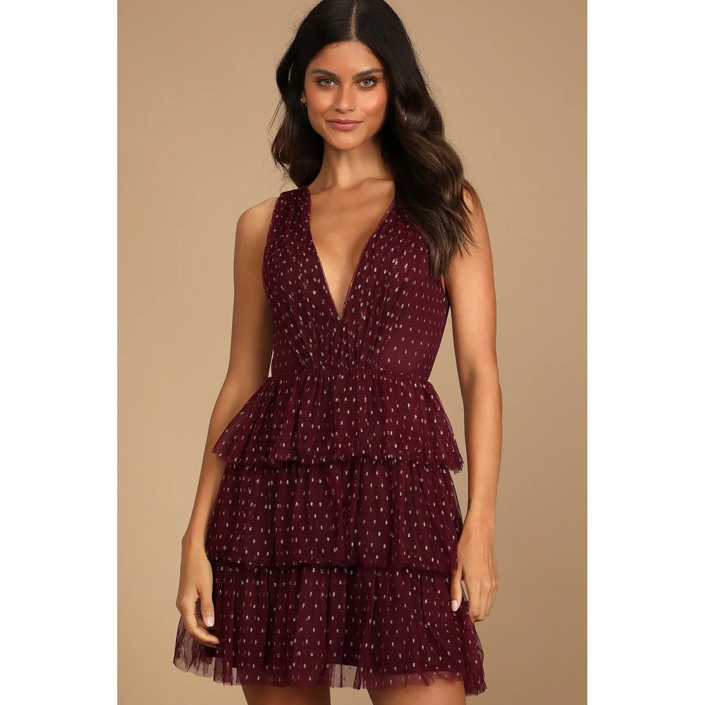 Lulus Forever Sparkling Burgundy Dotted Mesh Tiered Mini Dress | Large